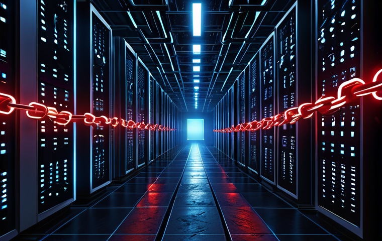 소프트웨어 공급망 보안을 위한 패치 관리 전략 - A visually striking representation of a complex, interconnected software supply chain. Imagine digit...