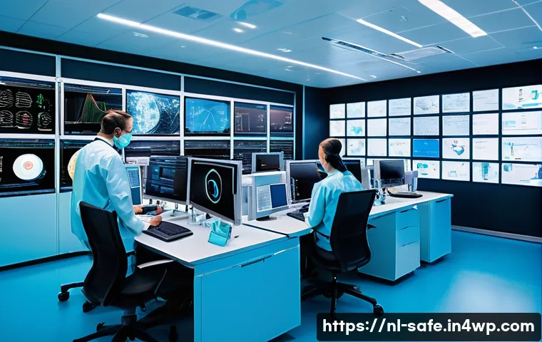 소프트웨어 공급망 보안의 산업별 사례 연구 - A modern Dutch hospital IT security room showing a diverse team of professionals—both clinical staff...