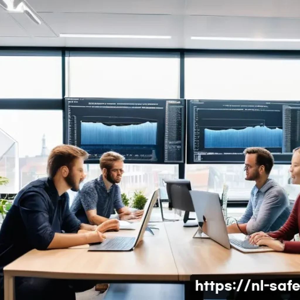 소프트웨어 공급망 보안 관련 윤리적 고려사항 - A modern software development office scene in Amsterdam, featuring diverse Dutch software engineers ...