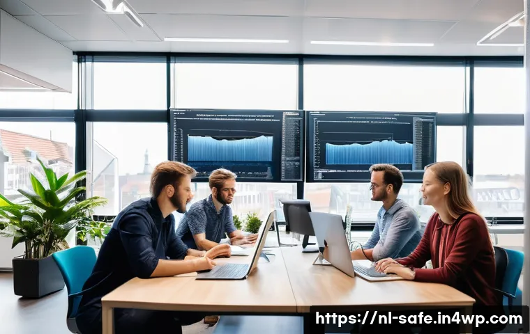 소프트웨어 공급망 보안 관련 윤리적 고려사항 - A modern software development office scene in Amsterdam, featuring diverse Dutch software engineers ...