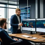 Home 23 소프트웨어 공급망 보안과 인공지능의 융합 - A modern Dutch software development team in a sleek Amsterdam office, collaboratively monitoring AI-...