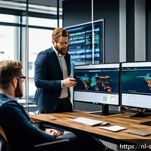 Home 17 소프트웨어 공급망 보안과 인공지능의 융합 - A modern Dutch software development team in a sleek Amsterdam office, collaboratively monitoring AI-...