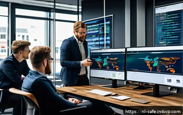 소프트웨어 공급망 보안과 인공지능의 융합 - A modern Dutch software development team in a sleek Amsterdam office, collaboratively monitoring AI-...